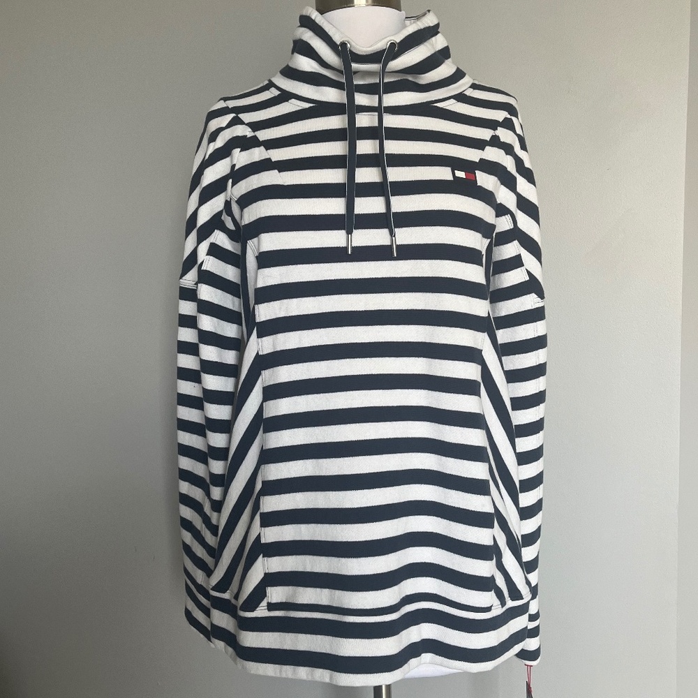 Tommy Hilfiger Sport Navy Striped Funnel Neck Fleece Nautical sweatshirt Hoodie